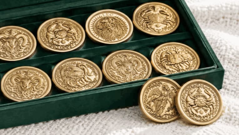 Monedas doradas con relieves grabados en un estuche de terciopelo verde