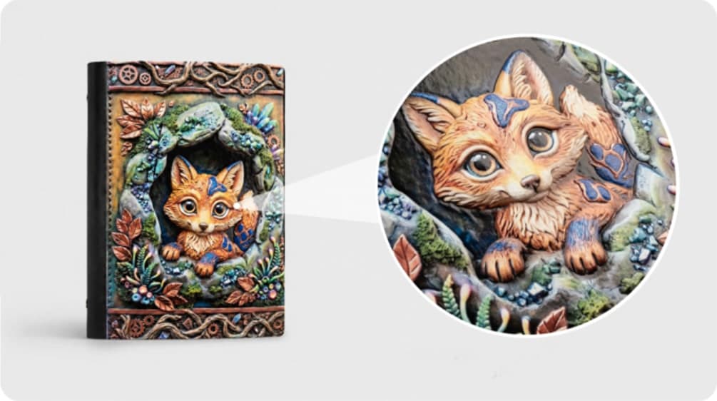 Libro con una portada ilustrada en relieve a todo color y un detalle ampliado del zorro