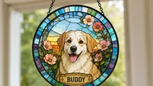 Vidriera circular con el retrato de un perro rodeado de flores, colgada en una ventana
