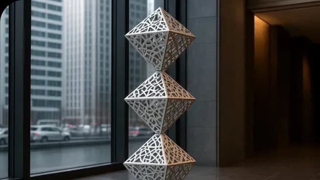 Escultura geométrica de metal calado junto a un ventanal